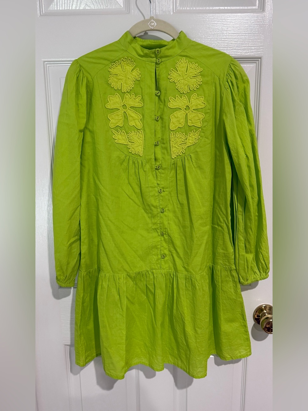 Lime Green Embroidered Button-Front Casual Dress